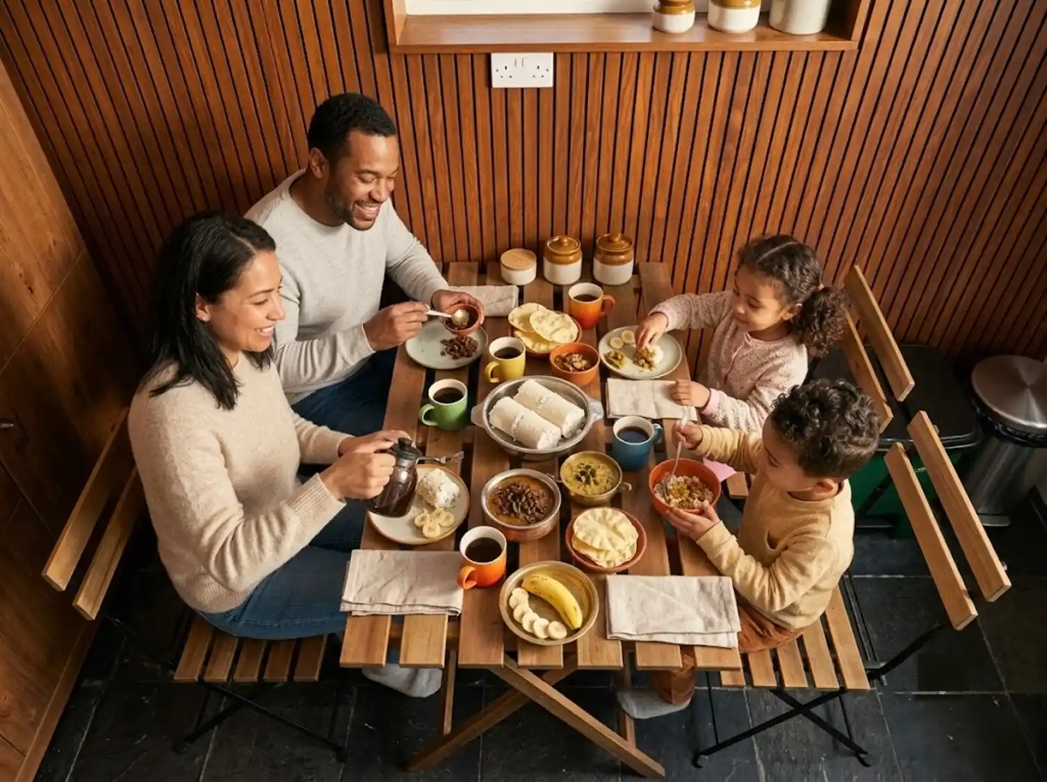 A family smiling and enjoying a traditional Kerala breakfast of Puttu, Kadala curry, and bananas at the cozy kitchen dining nook in the Riverside Retreat homestay, Thiruvalla.