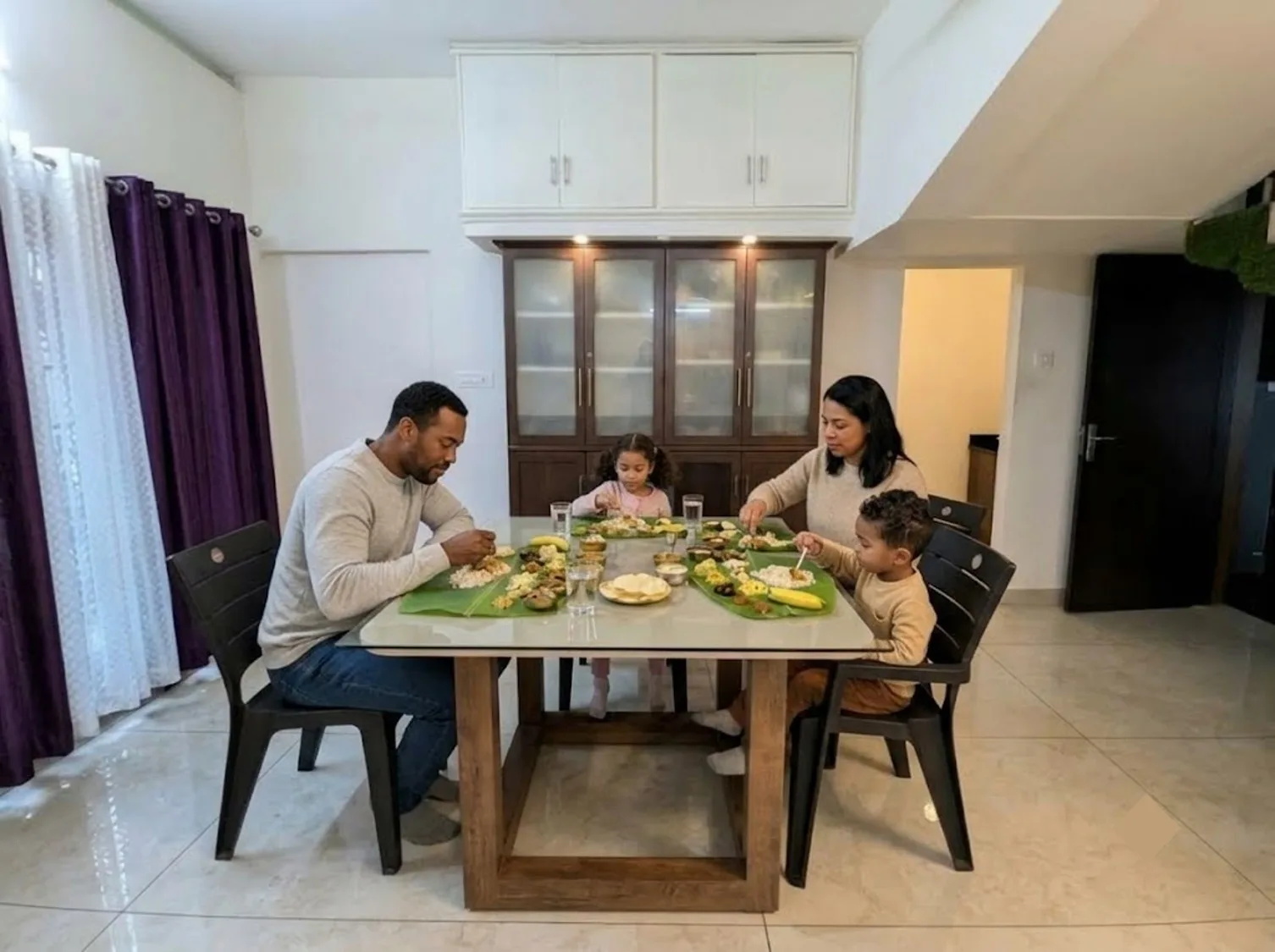 A family of four enjoying a traditional Kerala Sadhya served on banana leaves at the spacious main dining table in the Riverside Retreat homestay, Thiruvalla.