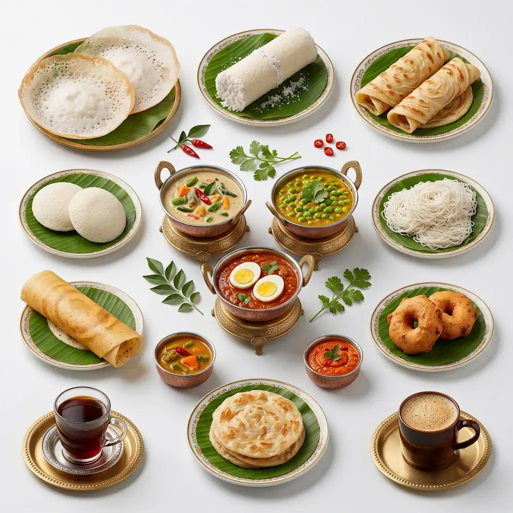 A delicious spread of traditional Kerala breakfast items including Appam, Puttu, Paratha, Idiyappam, Dosa, and Idli, served with egg curry, green peas curry, and hot tea at Riverside Retreat.