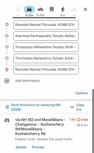 Day 1 evening temple itinerary: three Maha Vishnu temples visited from Riverside Retreat Thiruvalla